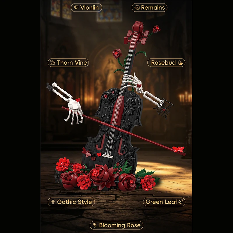 Creative Artist Skull Red Rose Violin Building Blocks Gothic Musical Instrument Model Home Decor Assembly Bricks Toys Girls Gift - view 5
