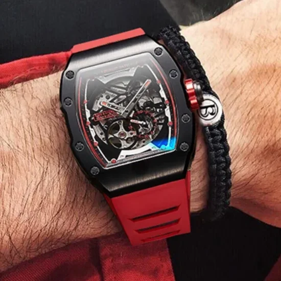 

BONEST GATTI Men Automatic Watch Tonneau Mechanical Wristwatch Skeleton Waterproof Sapphire Mirror Luminous Fluororubber Strap