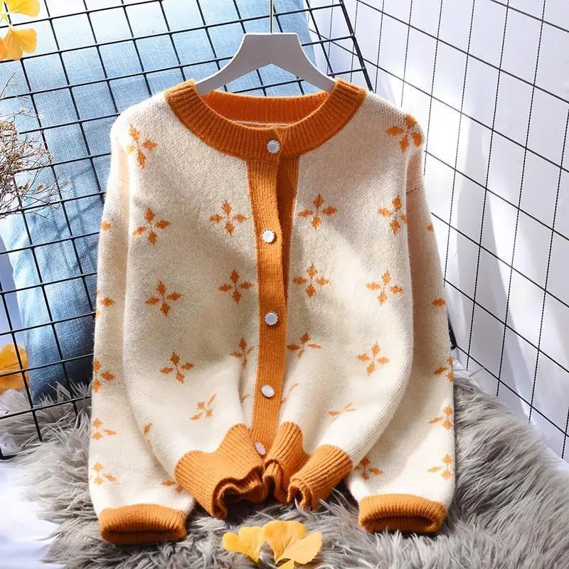 Women Korean Contrast Color Sweet Soft Button Knit Cardigan Spring Autumn Casual O Neck Long Sleeve Loose Sweaters Coats Clothes