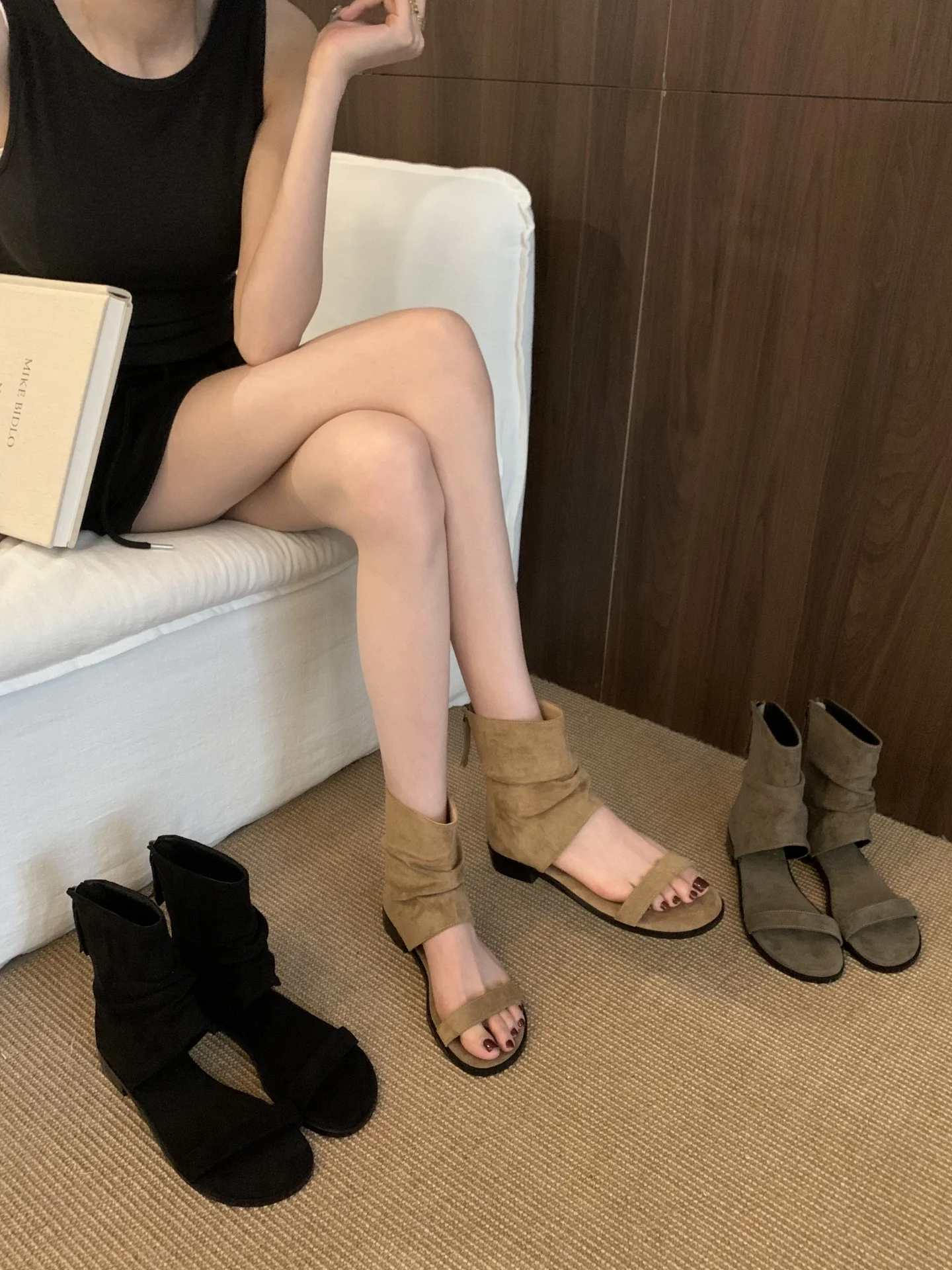 

New Black Brown Belt Buckle Herringbone Clip Foot Roman Cool Boots Summer Wedges Heel Exposed Toe Short Tube Boots