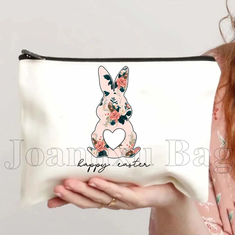 Aquarela coelho coelho de páscoa ovos floral feliz dia de páscoa bonito coelho presentes lona maquiagem cosmética saco de toalete caso bolsa