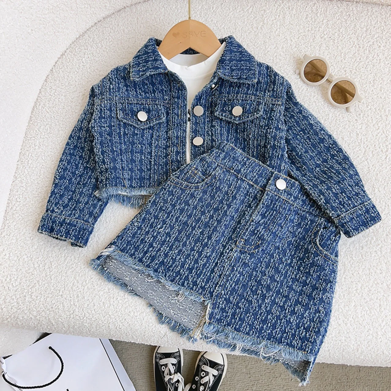 Kids Boutique Clothing Autumn 2 Pieces Sets Girls Tops Jeans Coat Turn Down Collar Short All-match Fashion Preppy Style