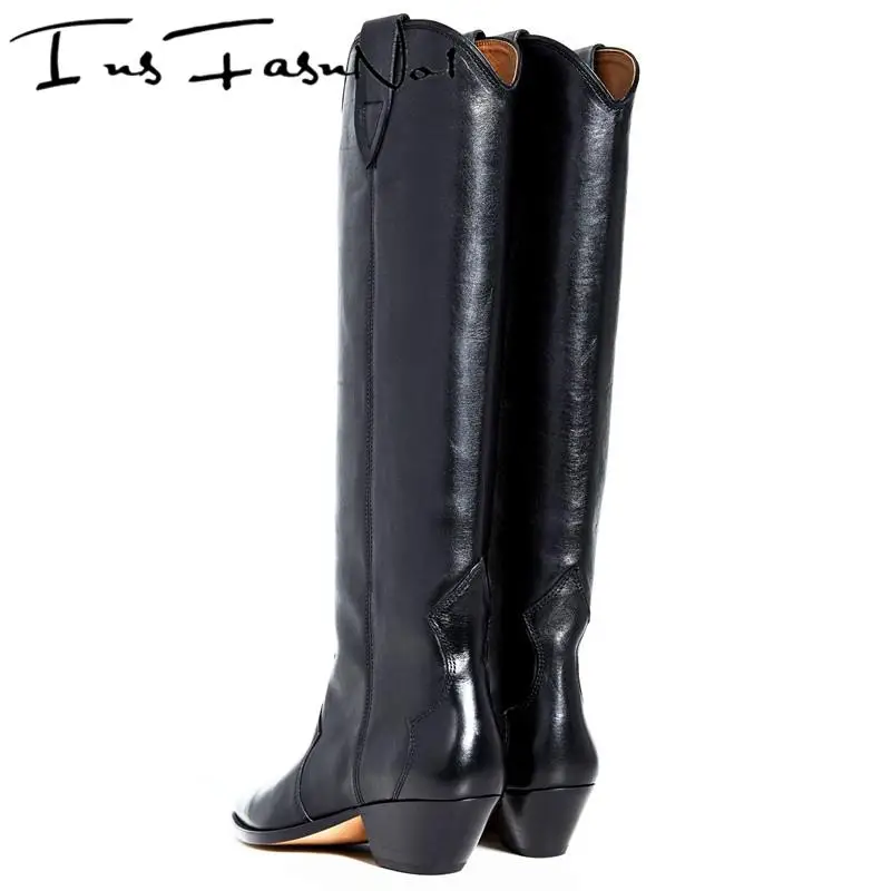 Design Western Women Knee Boots Slip On Black Leather Punk Riding Botas Mujer Sewing Retro Casual Quality Chunky Heel Shoes 2022