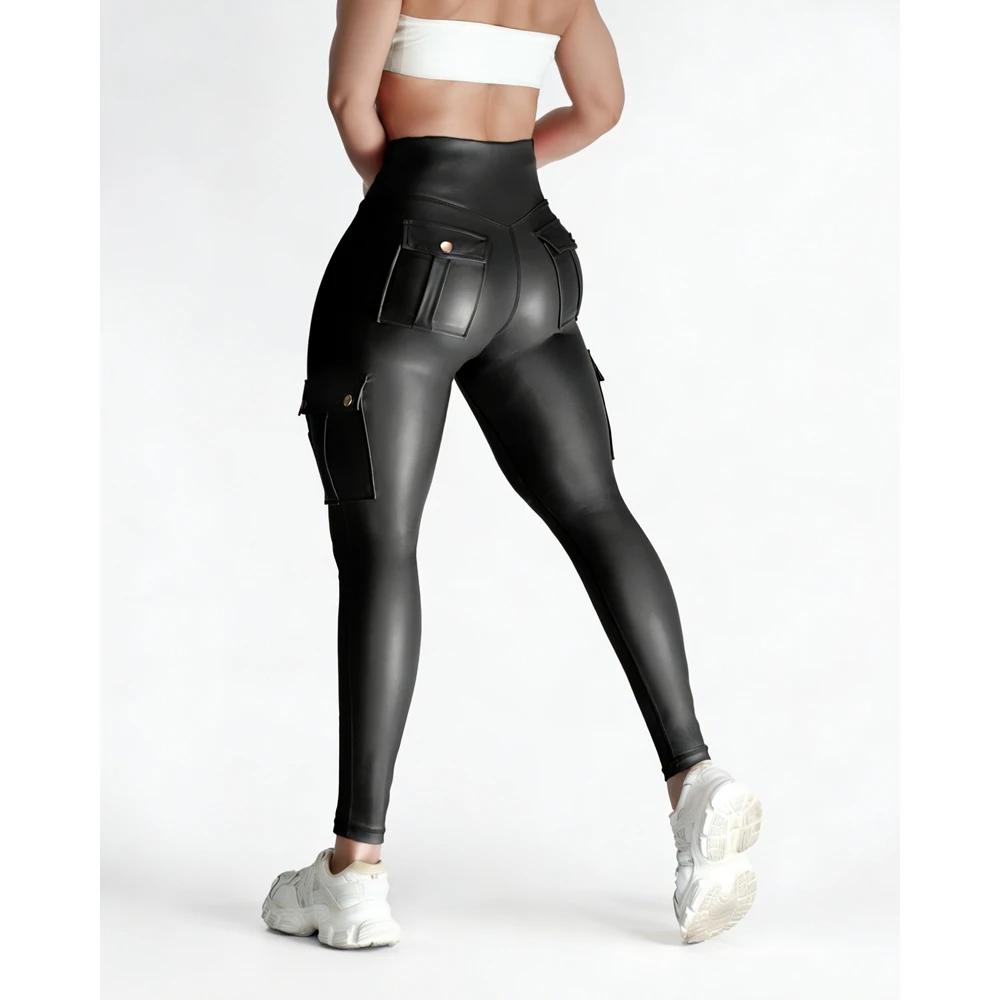 Sexy Cargo Pockets Faux Leather Leggings for Women Shaping High Waist Slimming Exercise Pants Running Yoga Sports Christmas Gift - Image 3