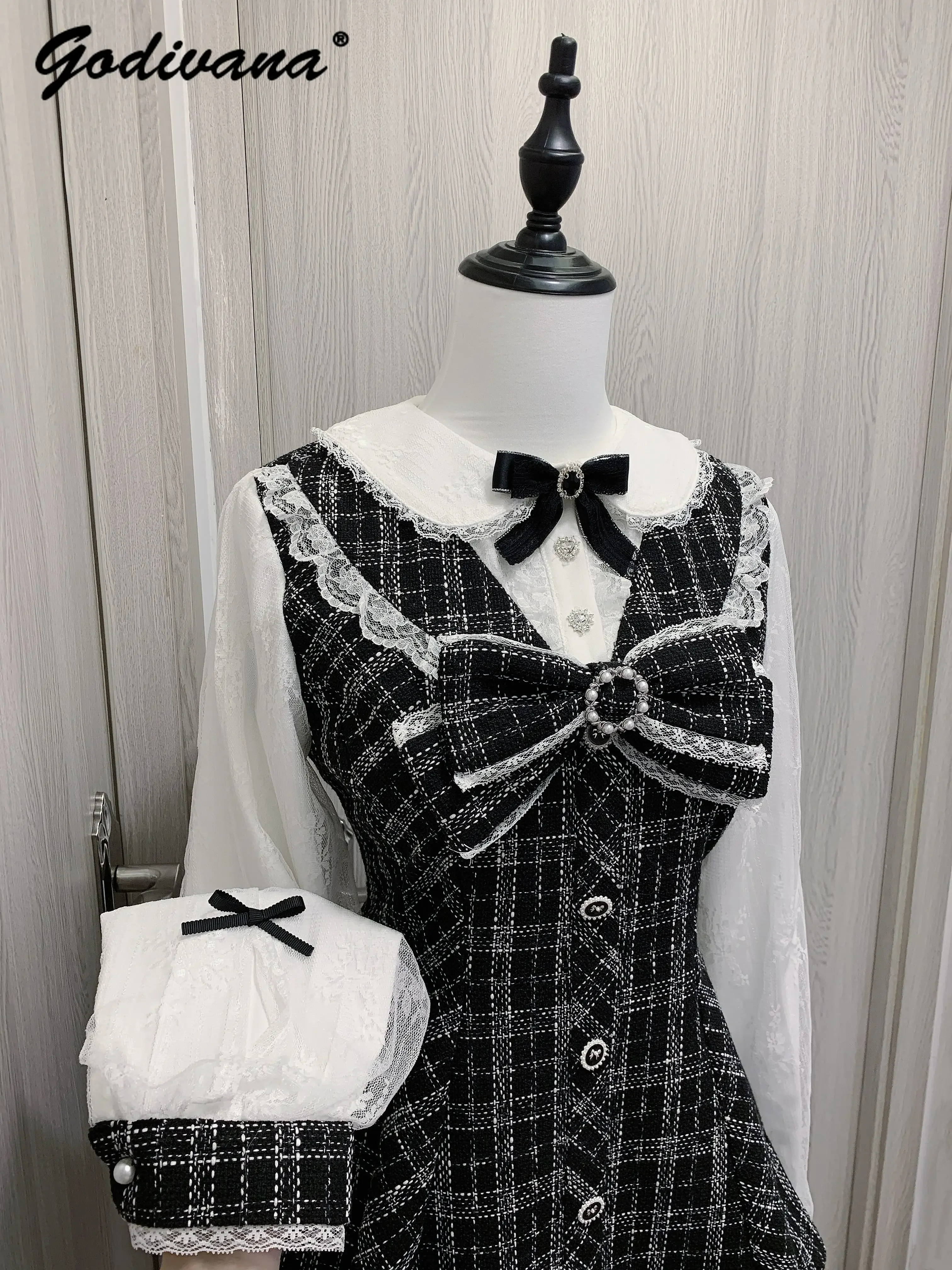 Novo outono japonês mina série feminina lolita bonito arco renda emendado manga longa tweed camisa vestido e shorts 2 peça conjunto roupa