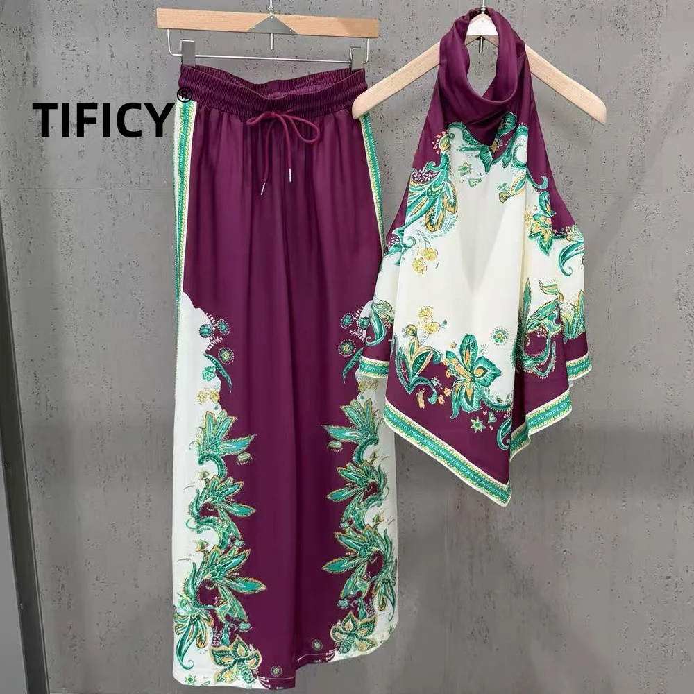 High Street 2pcs Set Women's Vacation Style Hanging Neck Backless Printed Top Wide Leg Pants Two-piece Fashionable Set