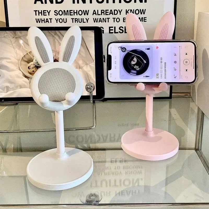 Pink Phone Holder Adjustable Lovely Rabbit Cartoon Table SupportDesktop Cell Phone Stand for IPhone 13 14 Samsung Smartphone