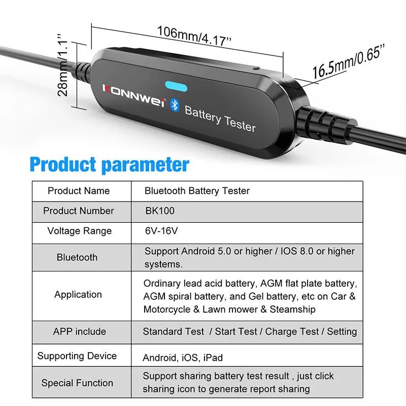 BK100 Car Motorcycle Battery Tester 6V-12V Wireless Bluetooth Car Resistance Detector 100-2000 CCA Cranking Charging Test Tools