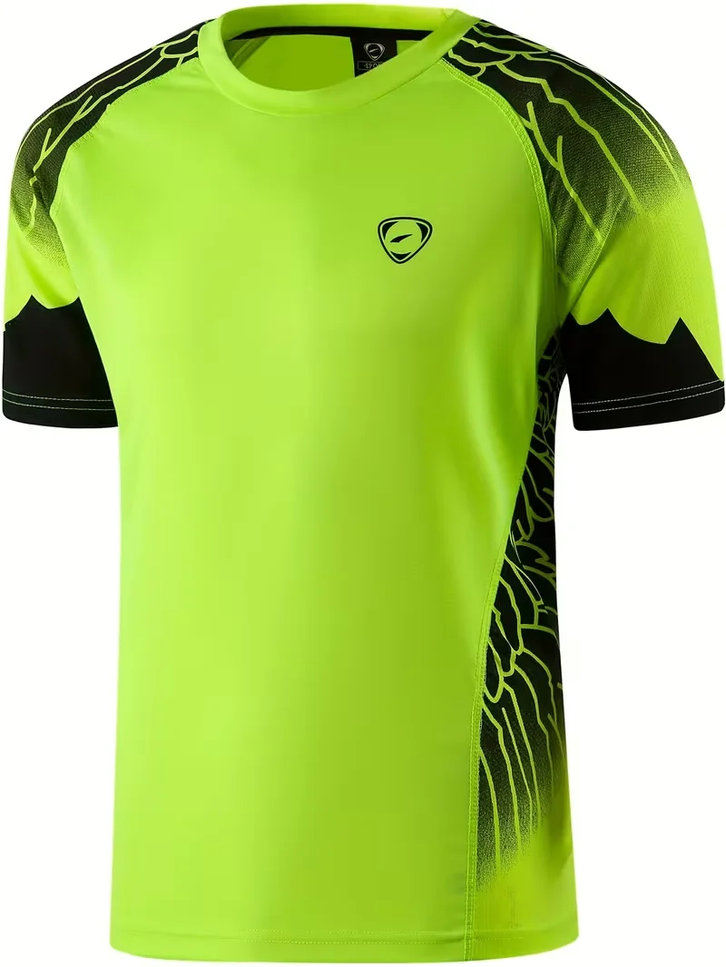 Mens T-shirt neon green black raglan vein line graphic small shield emblem print short sleeve crew neck sports casual top