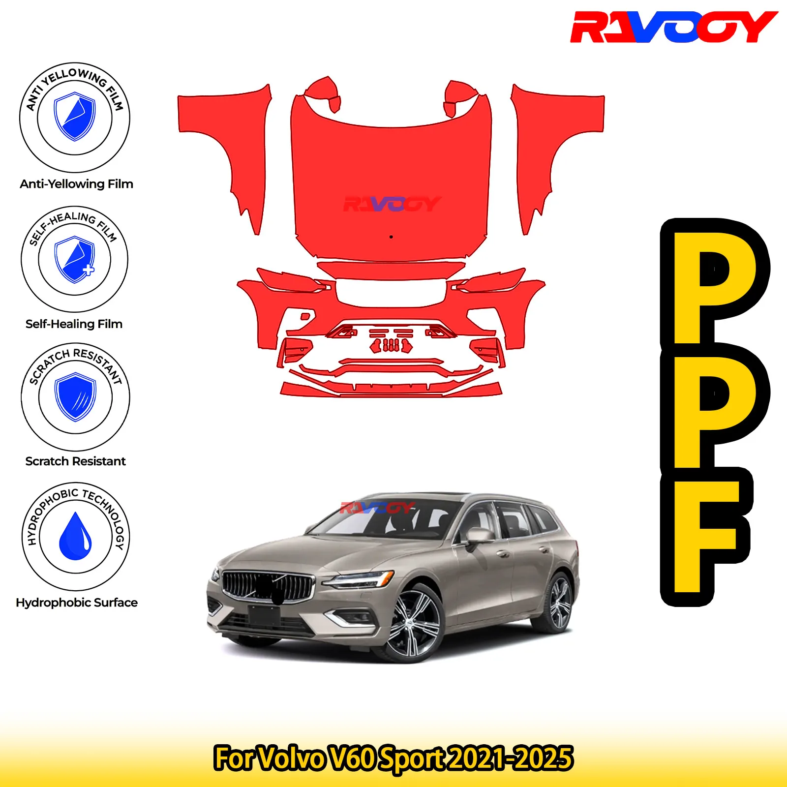 

Для Volvo V60 Sport 2021-2025 глянцевая матовая черная предварительно вырезанная передняя защитная пленка PPF комплект
