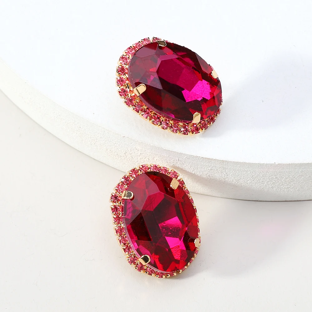 Fahion Oval Shiny Glass Glamorous Decor Big Stud Earrings For Women Luxury Brand Holiday Fairy Charm Jewelry Ear Accessories