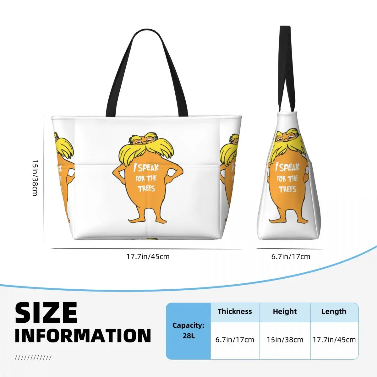 กระเป๋าโท้ทลาย Lorax I Speak For The Trees น่ารัก กระเป๋าชายหาด กระเป๋ากีฬา กระเป๋าโยคะ กระเป๋าเดินทางขนาดใหญ่สำหรับผู้หญิง กระเป๋าฟิตเนส