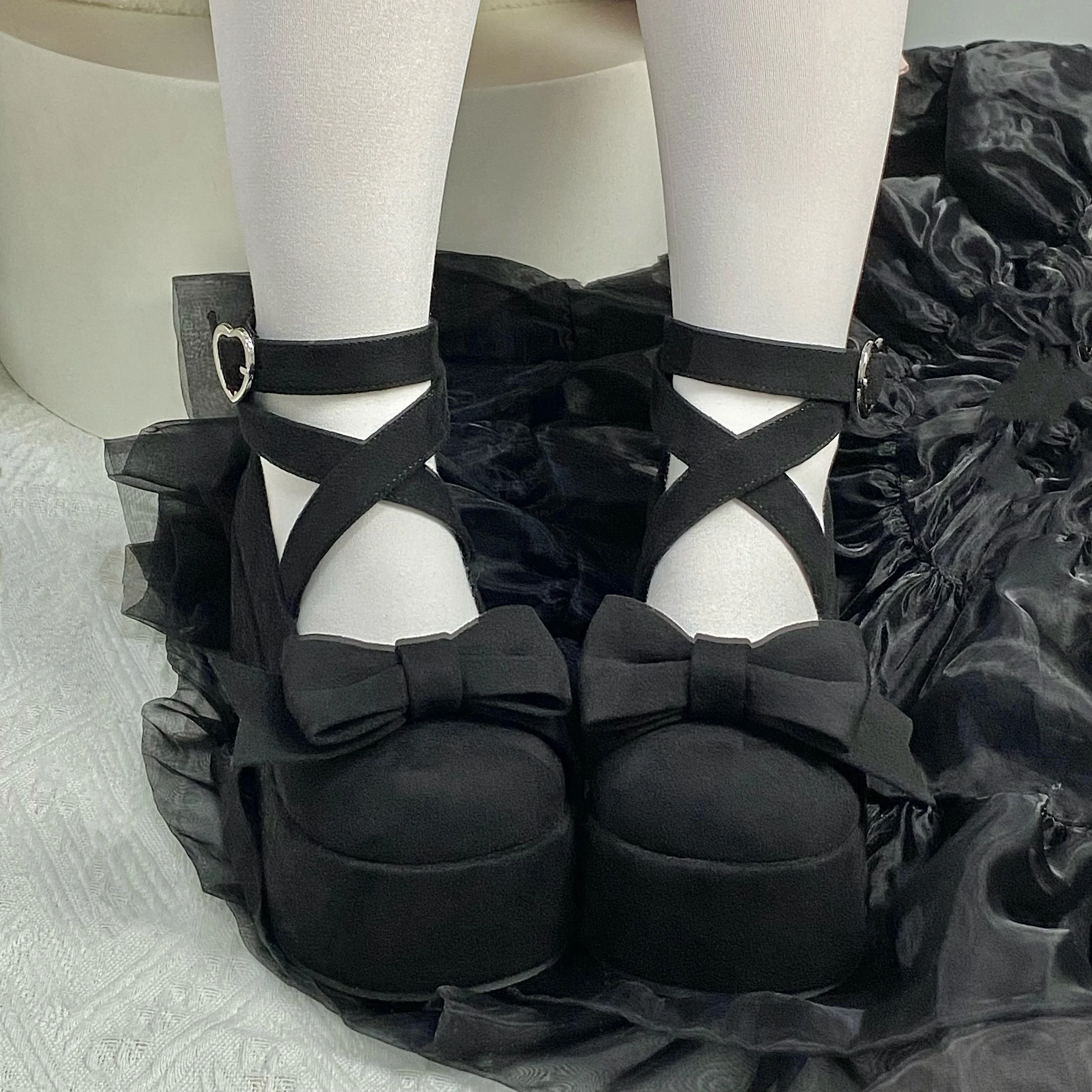 Elegant Fashion Lolita Round Toe Women High-Heeled Shoes Spring and Autumn Sweet Solid Color Velvet Cross Strap Bow High Heels