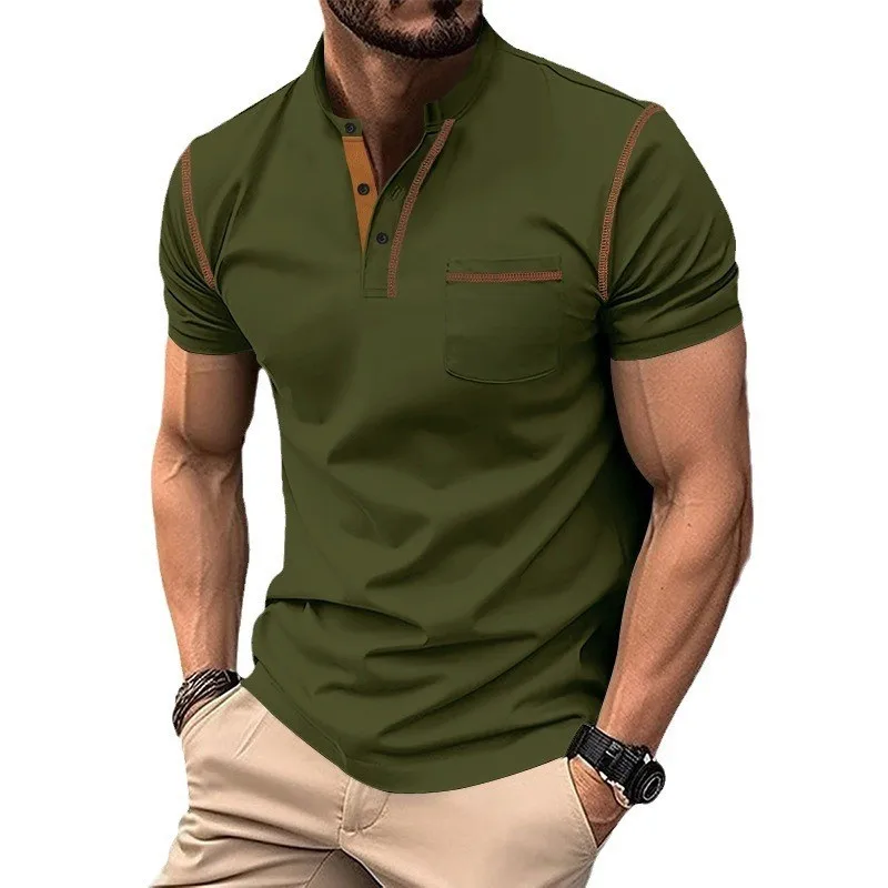 

2025 Summer Men's Short Sleeve Henley Shirt Men's Round NeckTT-shirt Color Block T-Shirt
