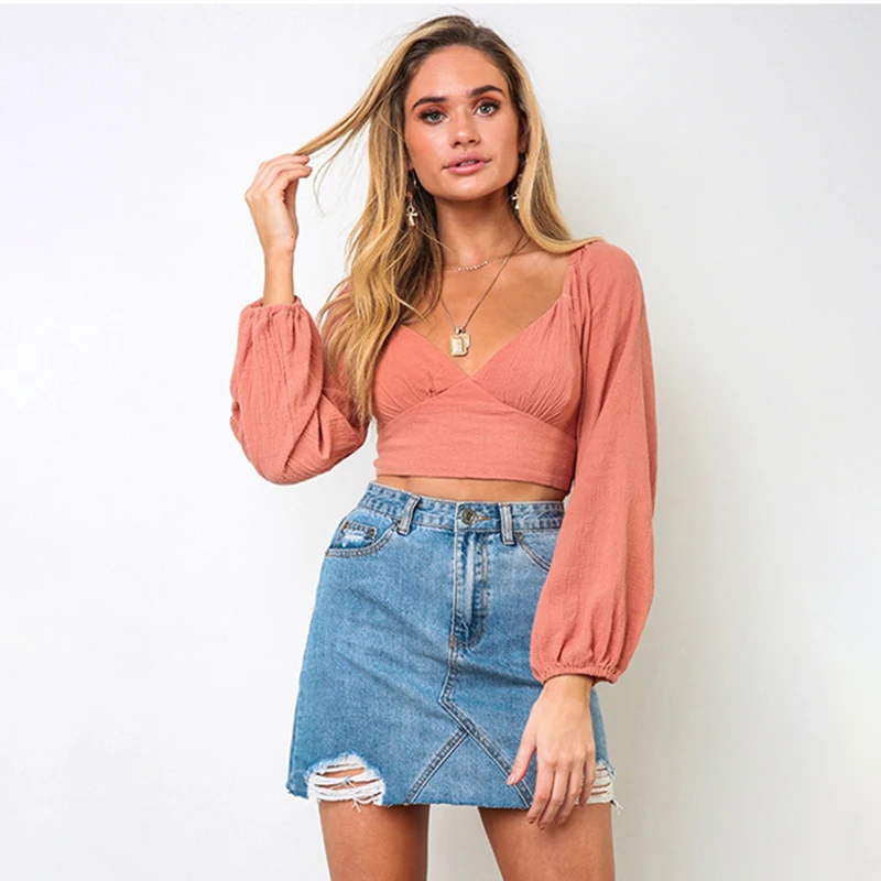 

Женский укороченный топ с рюшами, однотонная Красная футболка с длинным рукавом и V-образным вырезом, уличная одежда, y2k, осень 2022