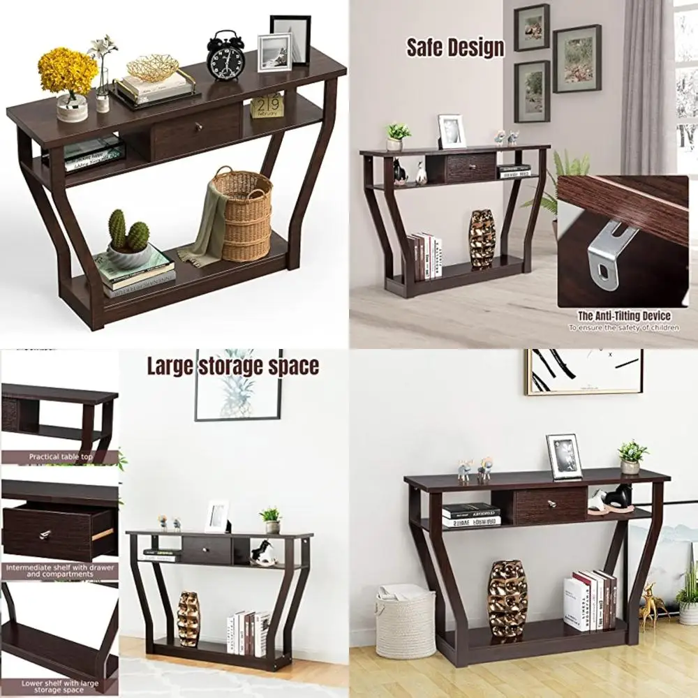 3-Tier Wooden Console Table with Shelves and Drawer for Hallway, Living Room, and Dining Room Accents