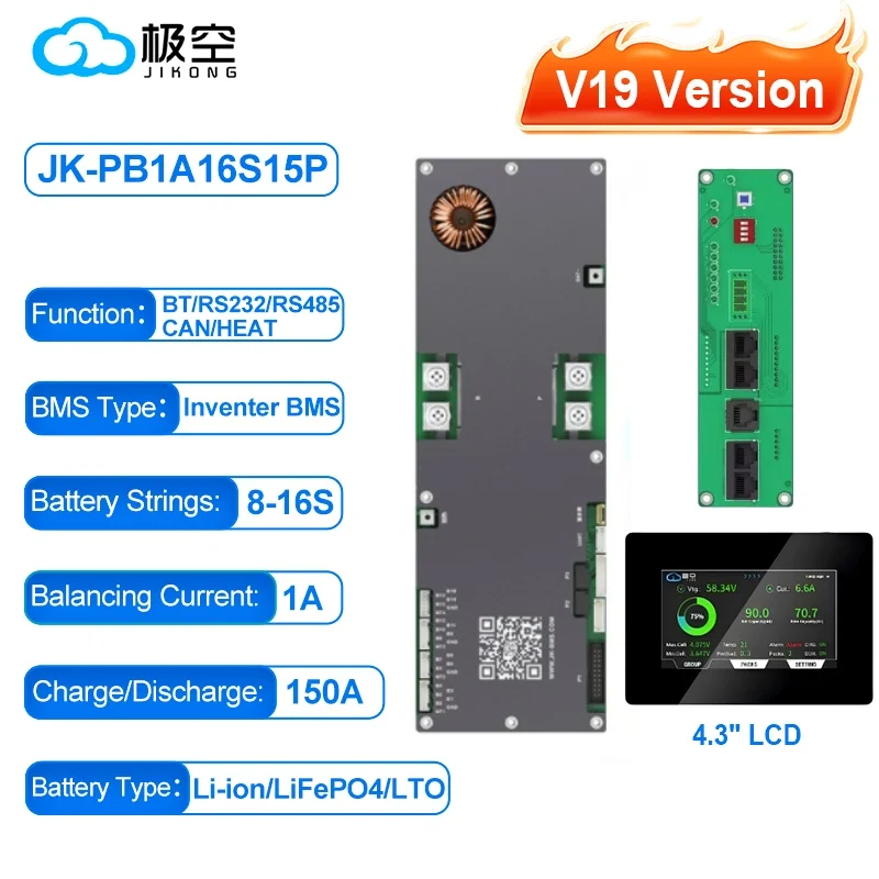 JIKONG V19 51.2V Lifepo4 100A 200A 300A Smart BMS 8S-16S Batterij Huishoudelijke Energie Inverter BMS Actieve Balancer V19 Versie