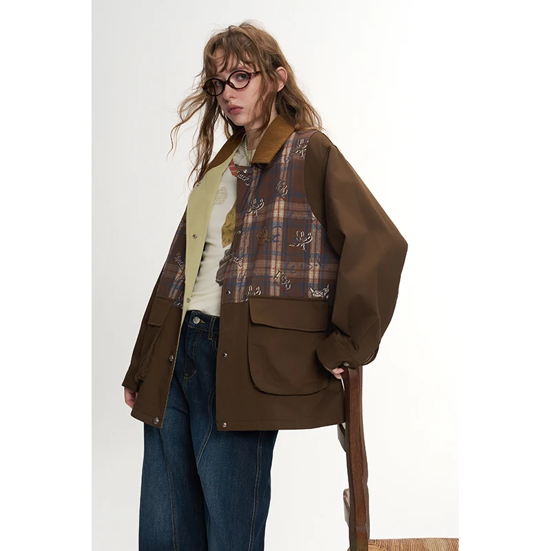 ELFSACK Women's Vintage Plaid Jacket with Cartoon Animal Print, Patchwork Casual Outerwear for Everyday Cozy Outdoor
