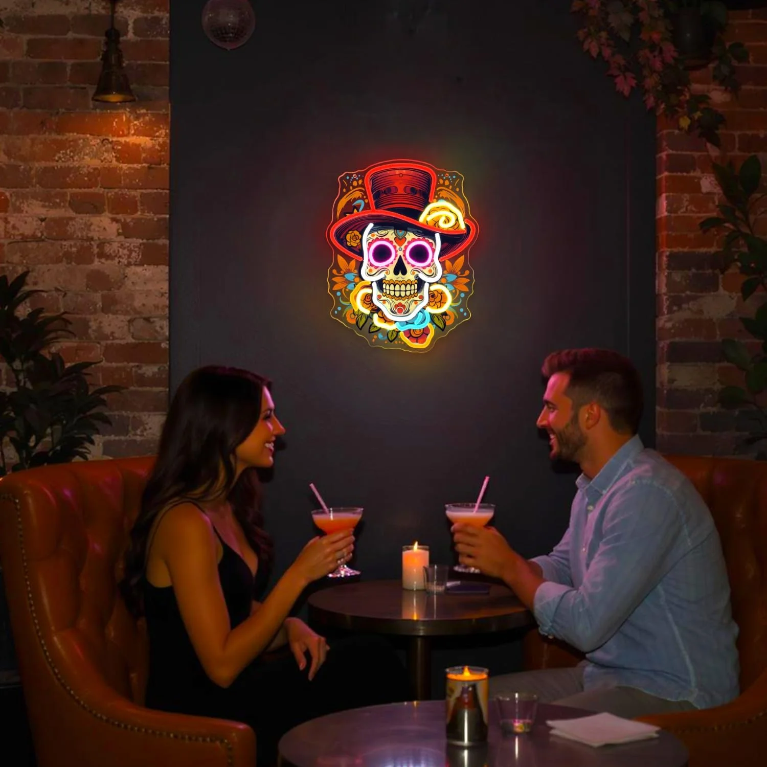 Mexican Sugar Skull Neon Sign LED Wall Decor, Day of the Dead Dia de los Muertos Art, Halloween Party Home Bar Decoration