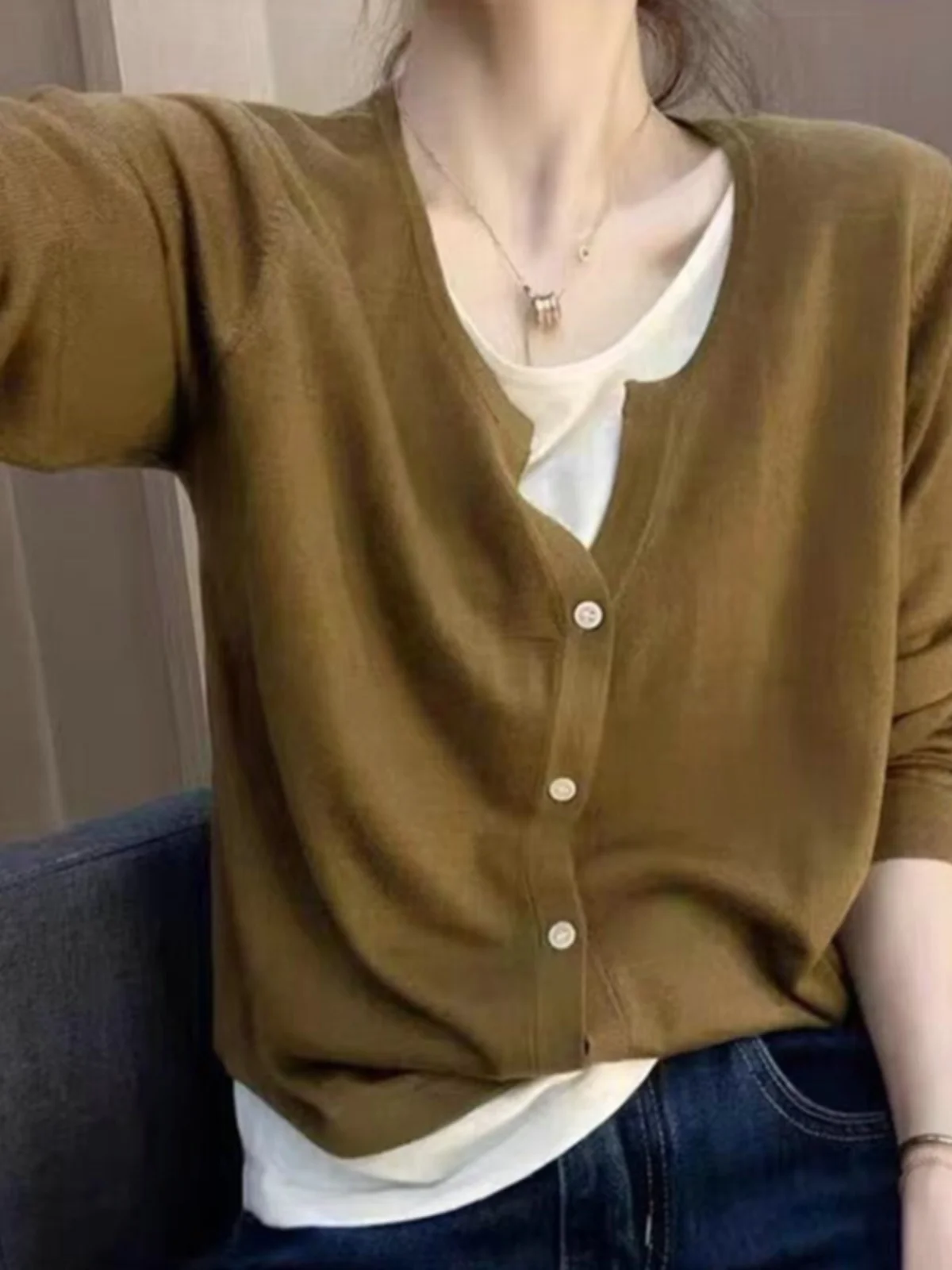 

Slim Fit V-Ne Knitted Open Cardigan Women's Spring New plus Size Inner Wear Base irt Top Korean Sle Long Sve Striped