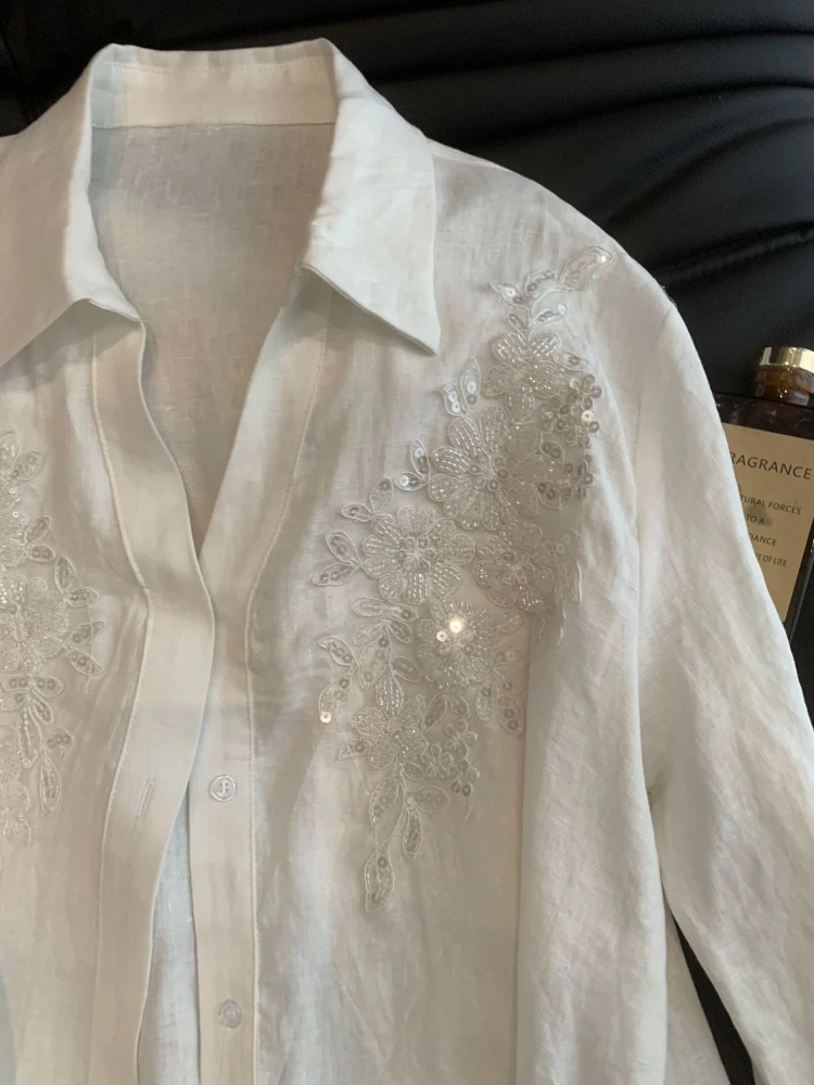 

Женские топы с длинными рукавами, роскошный дизайн с блестками, белая рубашка в этническом стиле, темпераментные повседневные свободные блузки