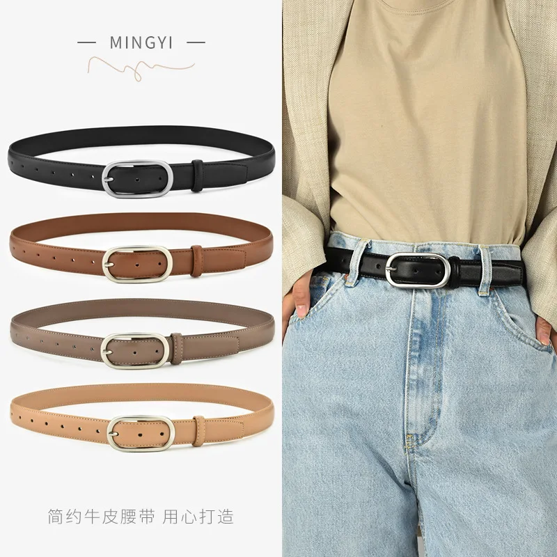 Luxury Cowhide  Product Genuine Leather Belt Retro Hong Kong Style Japanese Style Needle Buckle Simple Women's Black Jeans Belt