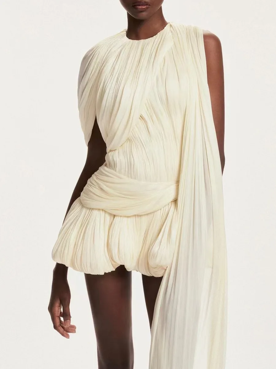 

Solid Spliced Mesh Mini Dresses For Women O Neck Sleeveless High Waist Temperament Dress Female Fashion New