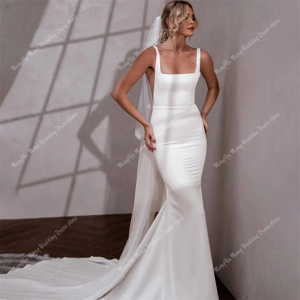 ZHUISHU 맞춤형 스판덱스 새틴 웨딩 드레스 스퀘어 칼라 민소매 백리스 신부 분리형 기차 Vestido de novia
