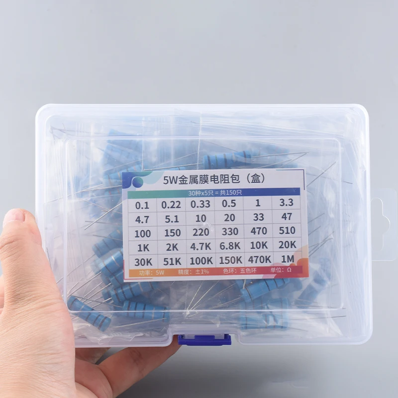 150 шт., набор резисторов 1%, сопротивление 5 Вт, комплект металлопленочных резисторов, 10 Ом ~ 1 м, 30 значений, комплект электронных компонентов