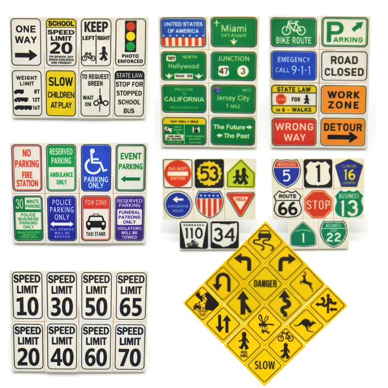 Assortment of Traffic Sign Set Printed Brick Tiles Customerized MOC Building Blocks Toys