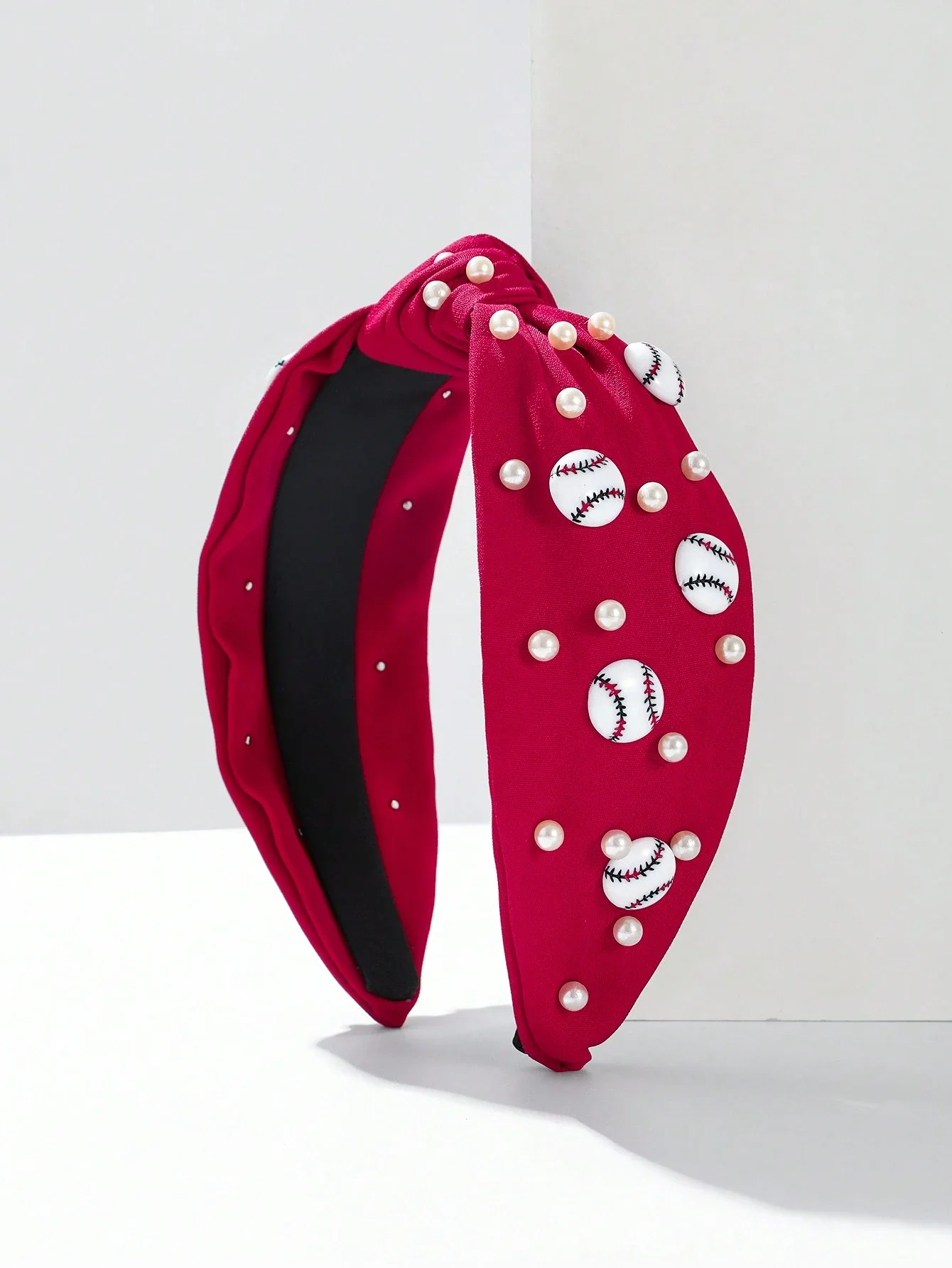 

Fabric Knotted Baseball Style Wide Headband With Pearls For Women Casual Daily Wear