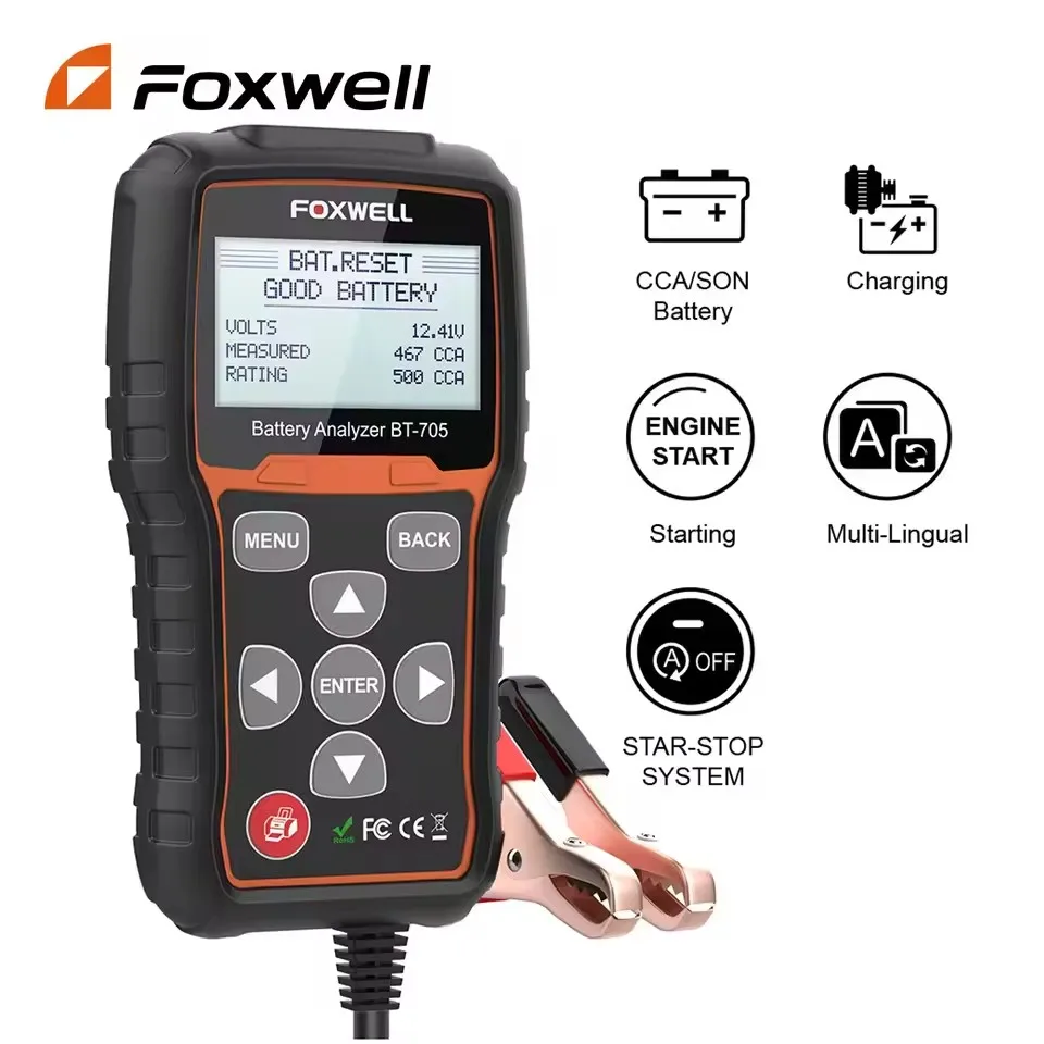 FOXWELL BT705 Car Motorcycle Battery Tester 12V 24V Cranking Charging Circut Test 100-2000CCA Car Battery System Diagnostic Tool