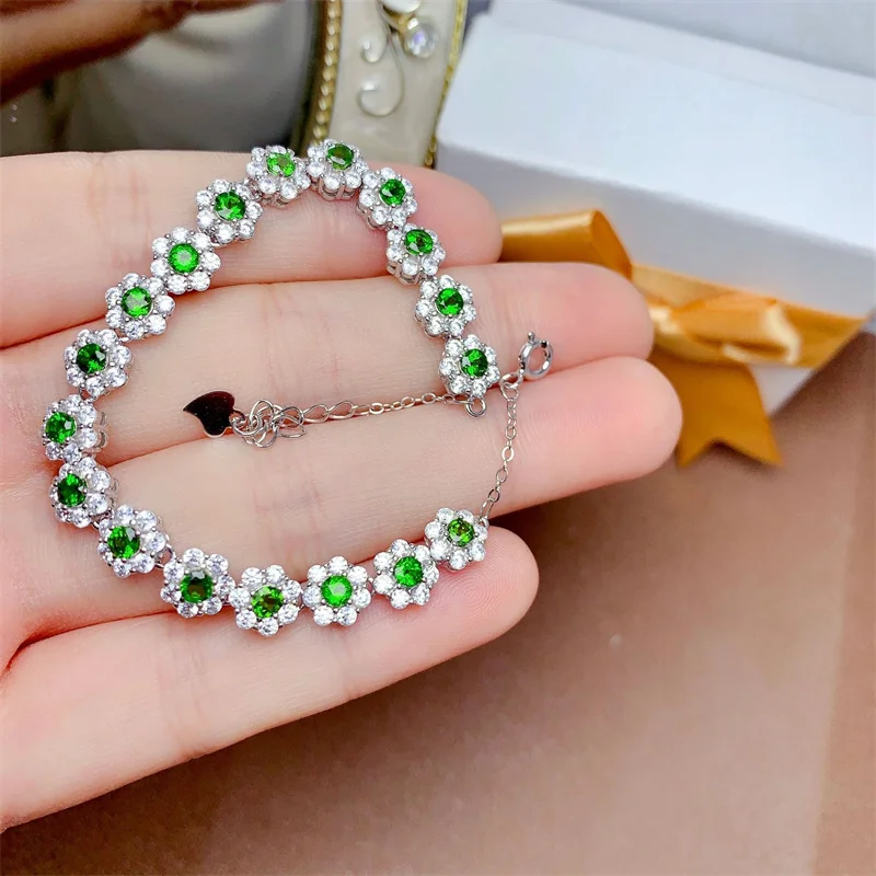 

Natural Russian Diopside Bracelet 925 Silver Engagement Bracelet for Women with Certificate 15+3cm