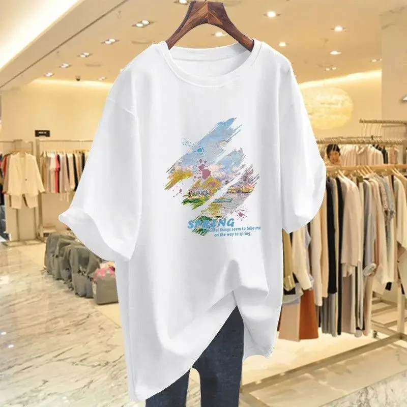 

Women Clothing All Cotton Printed T-shirt Summer Short Sleeve Basic Tees Female Casual Simple Fashion Pullovers