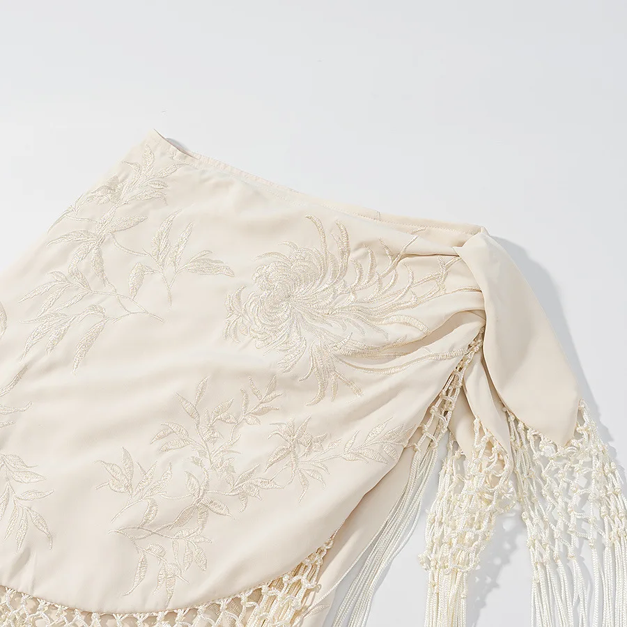 เอวสูง Ruffle Midi กระโปรง High Street กระโปรงผู้หญิงกระโปรงปัก Fringing กระโปรงฤดูร้อนลูกไม้ยาว Midi กระโปรง