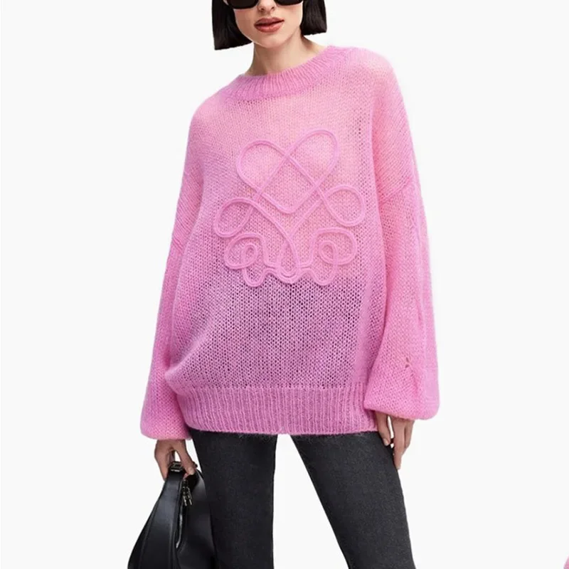 Fashion Round Neck Knitted Pullover Women Long Sleeve Thin Loose Embroidery Knitwear Top 2024 Autumn Female Pink Sweater Jumpers