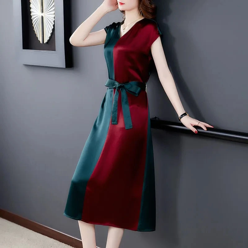 Sleeveless Women's Summer Dress 2025 Fashion Color Blocking Mid Long Dresses Slim Sexy Elegant Lady Party Dresses Womens Clothes