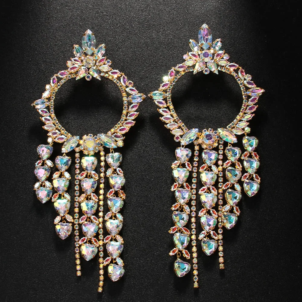 Stonefans Heart Hoop Earrings Large for Women Piercing Rhinestone Trend Fashion 2024 AB Color Tassel Jewelry Dress Accessories