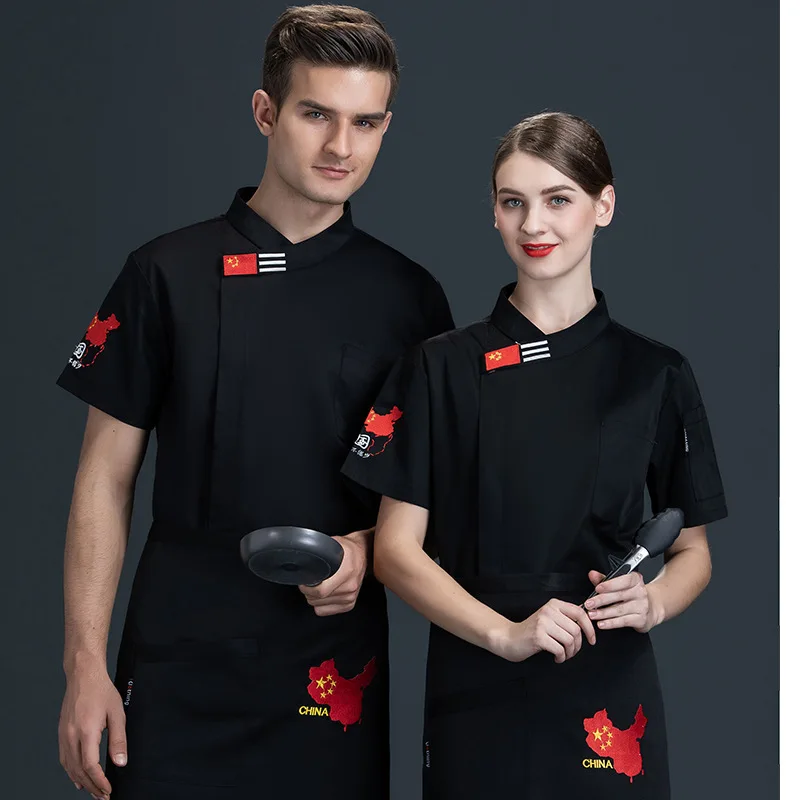 Summer New Chef Uniform Short Sleeve Summer Breathable Hotel Canteen Western Restaurant Baking Kitchen Overalls Men's and Women'