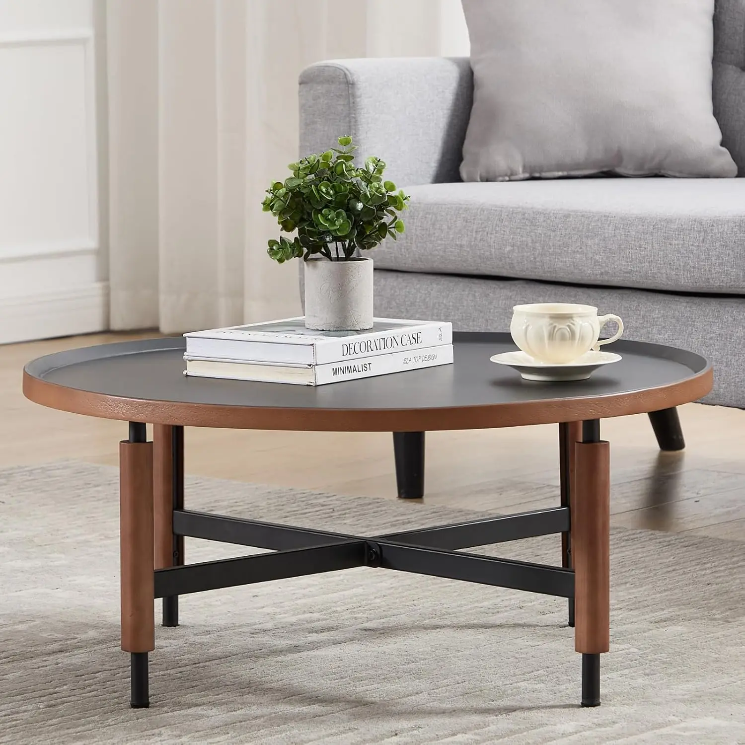 

Modern Round Wood Coffee Table, 31.25'' Wide Center Table With X-Shaped Metal Base, Round Tubular Iron Legs Covered With