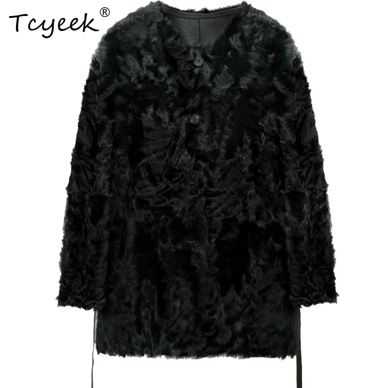 

Tcyeek Genuine Wool Autumn Winter High End Trendy Round Neck Worn on Both Sides Medium Length Women's Wool Shearling Fur Coat