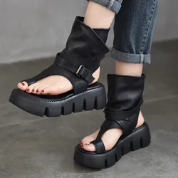 Birkuir Thick Heel Flip Flops Sandals Women High Top Shoes Buckle Button Ankle Boots Genuine Leather Open Toe Platform Shoes