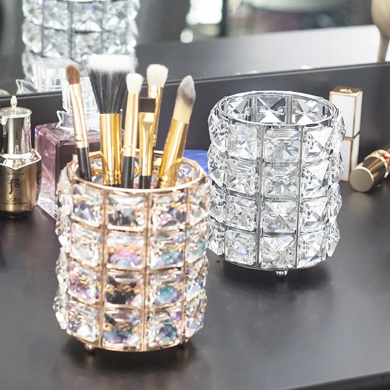 New Women Household Fashionable Metal Crystal Makeup Brush Storage Bucket Eyebrow Pencil Jewelry Storages Box Accept Rack Tools