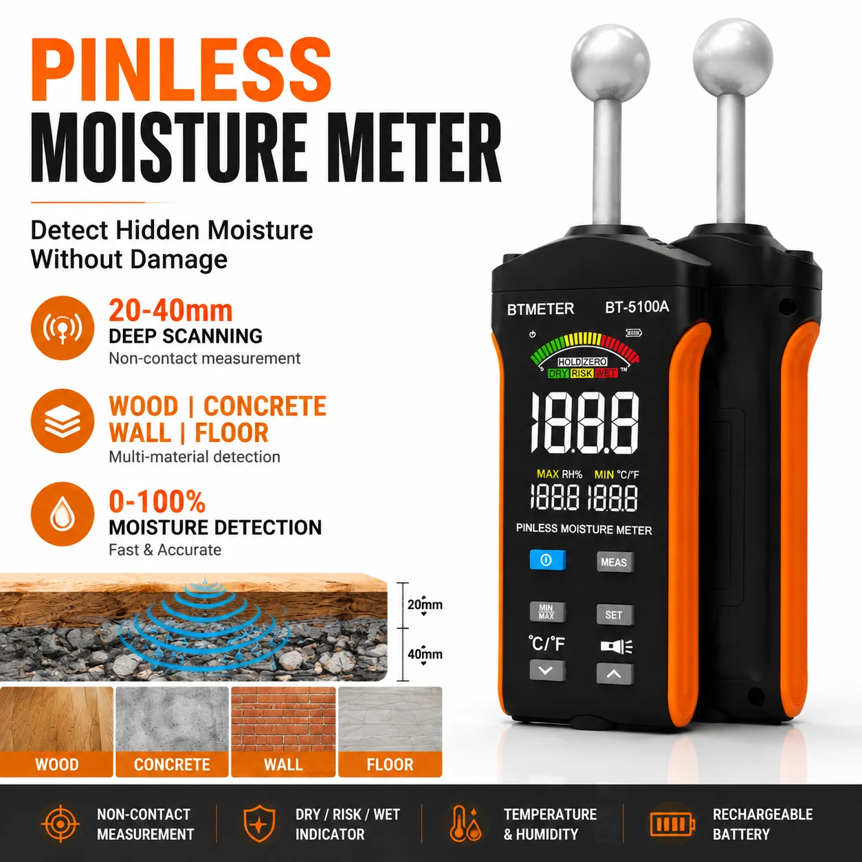 Moisture Meter Concrete Digital - Humidimètre sans contact pour bois, béton
