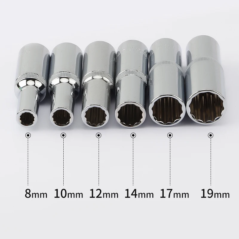 6Pcs 12 Point 1/2 Inch Drive Deep Sockets Set 78mm Length Metric Mirror Socket for Wrench Cr-V Steel 8 10 12 14 17 19mm