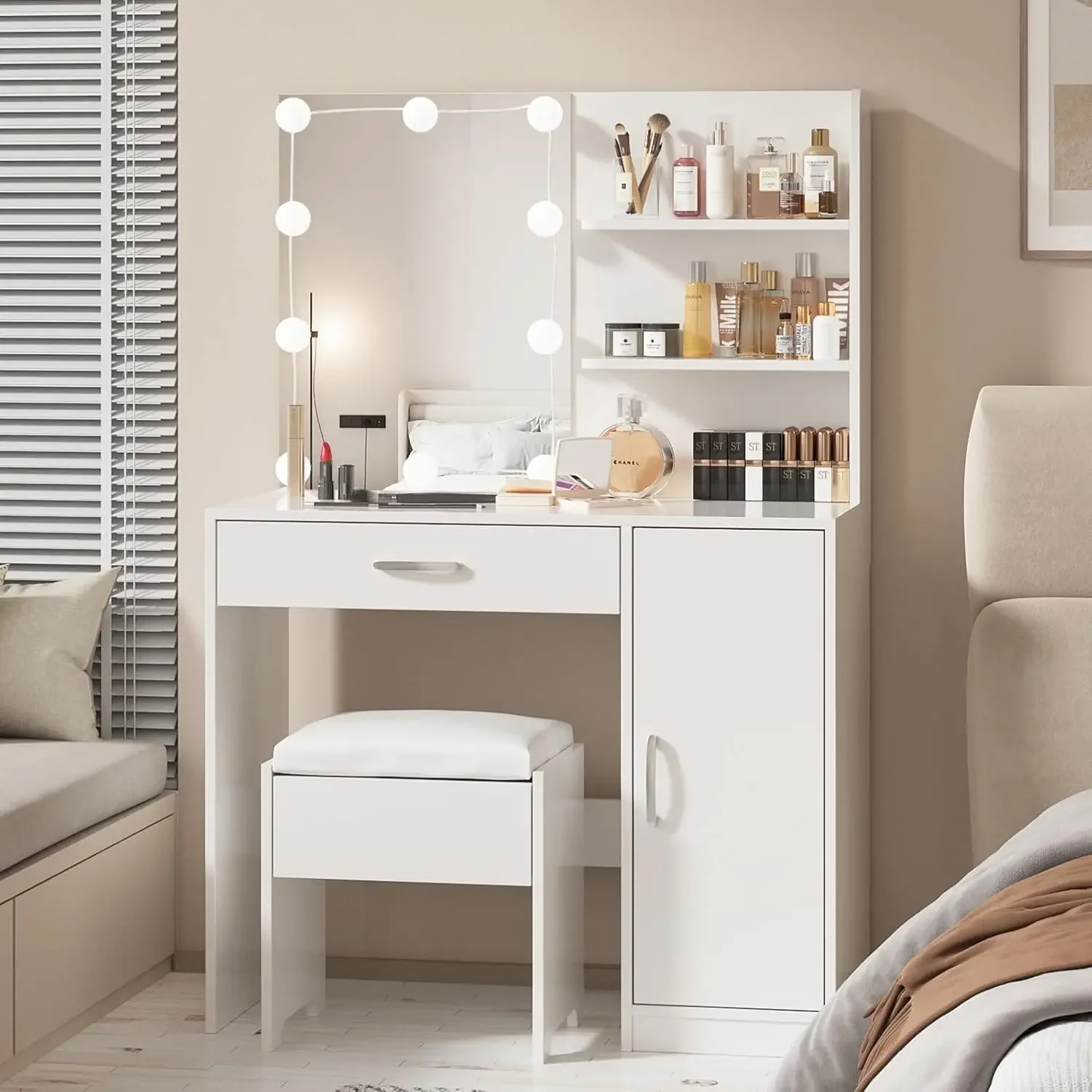 Makeup Vanity with Lights, Vanity Desk with Mirror and Lights Set, Large Drawer and Two-Tier Lots Storage Cabinet Dresser, White