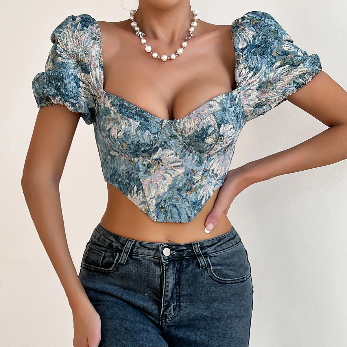 New Sexy Backless Slim Shapewear Printed Corset Bubble Sleeve Fishbone Halter Women Fashion Court Retro Vest Nightclub Sexy Top