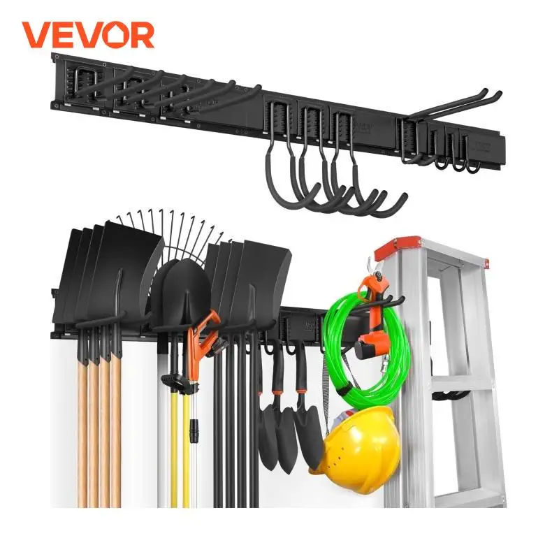 VEVOR 600 lbs Tool Storage Rack Wall Mount Holder with 10 Hooks 4 Rails Garage Storage Yard Garden Tools Organizer for Warehouse