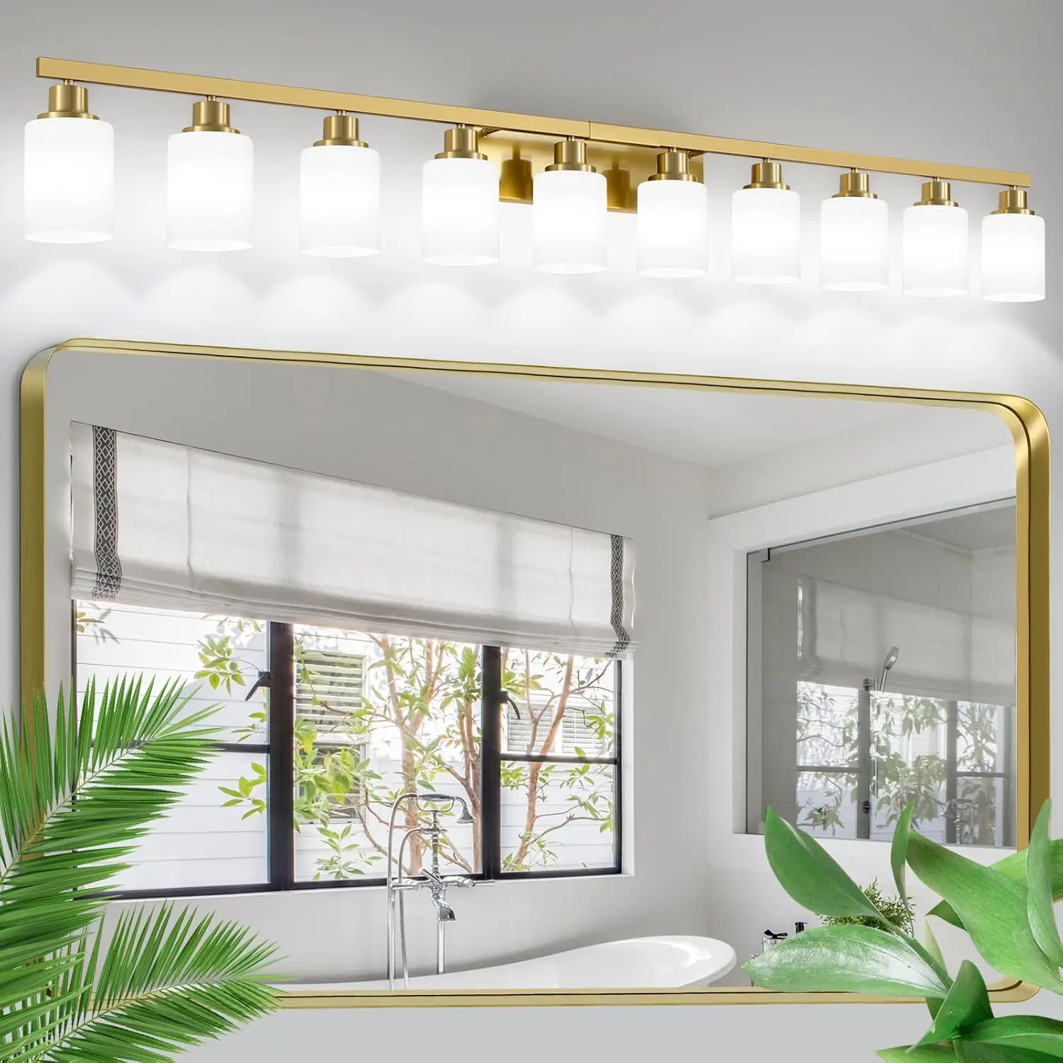

Gold Bathroom Vanity Light,10-Light Brushed Gold Bathroom Light Fixtures with White Frosted Glass,64.5in Wall Lamp Sconces for M