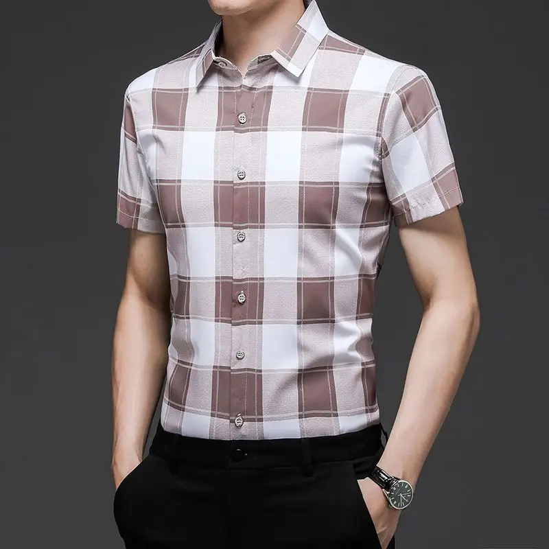 Checker Print Middle-aged Men's Short-sleeved Shirt Loose POLO Neck Panel Single Breasted Thin Top Business Casual Commuting